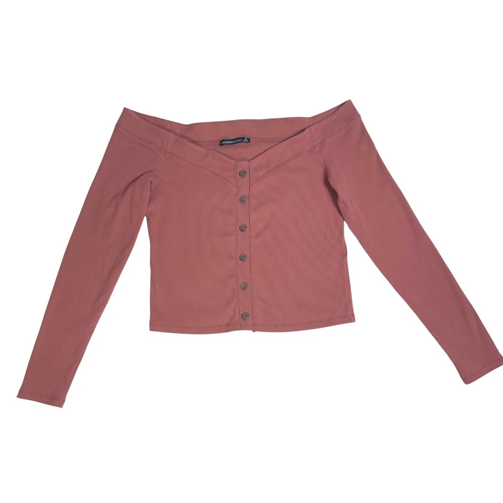 Abercrombie Fitch Off Shoulder Button Front Long Sleeve Crop Top XL Rose Mauve